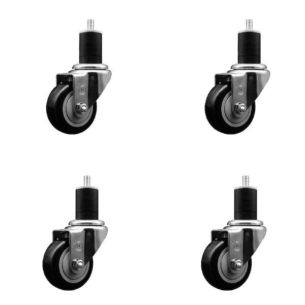 3'' SS Black Poly Wheel Swivel 1-3/4'' Expanding Stem Caster Set, 4PK